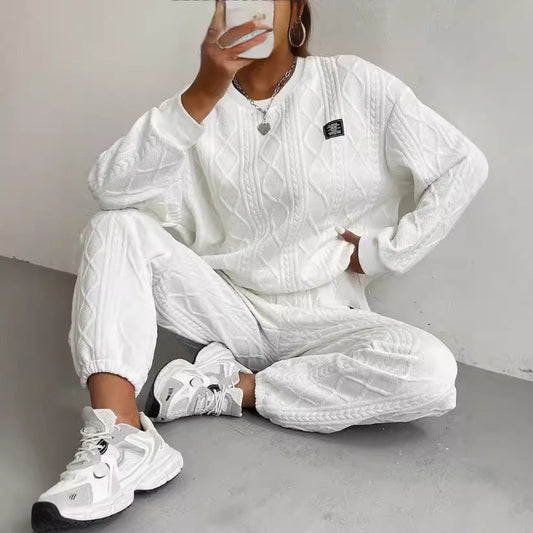 Joanne – Women's Jacquard Long Sleeve Casual Round Neck Sweater Trousers Suit