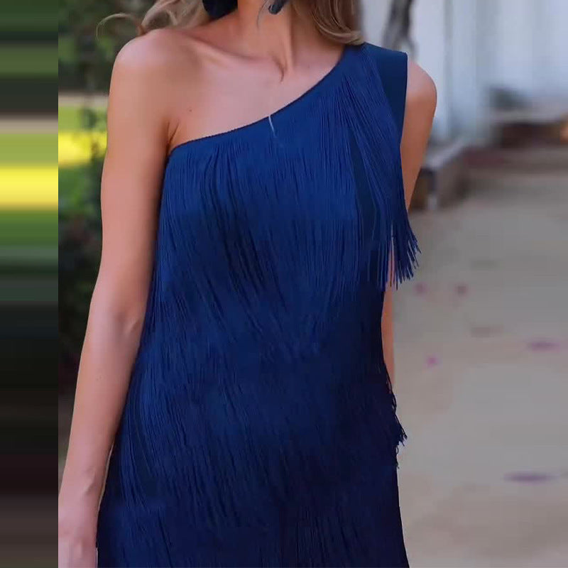 Andrea – Layered Fringe Design Dress with Diagonal Collar