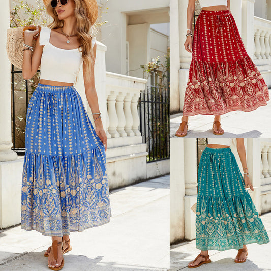 Anne – Rayon Printed Stitching Skirt with Wide Hem
