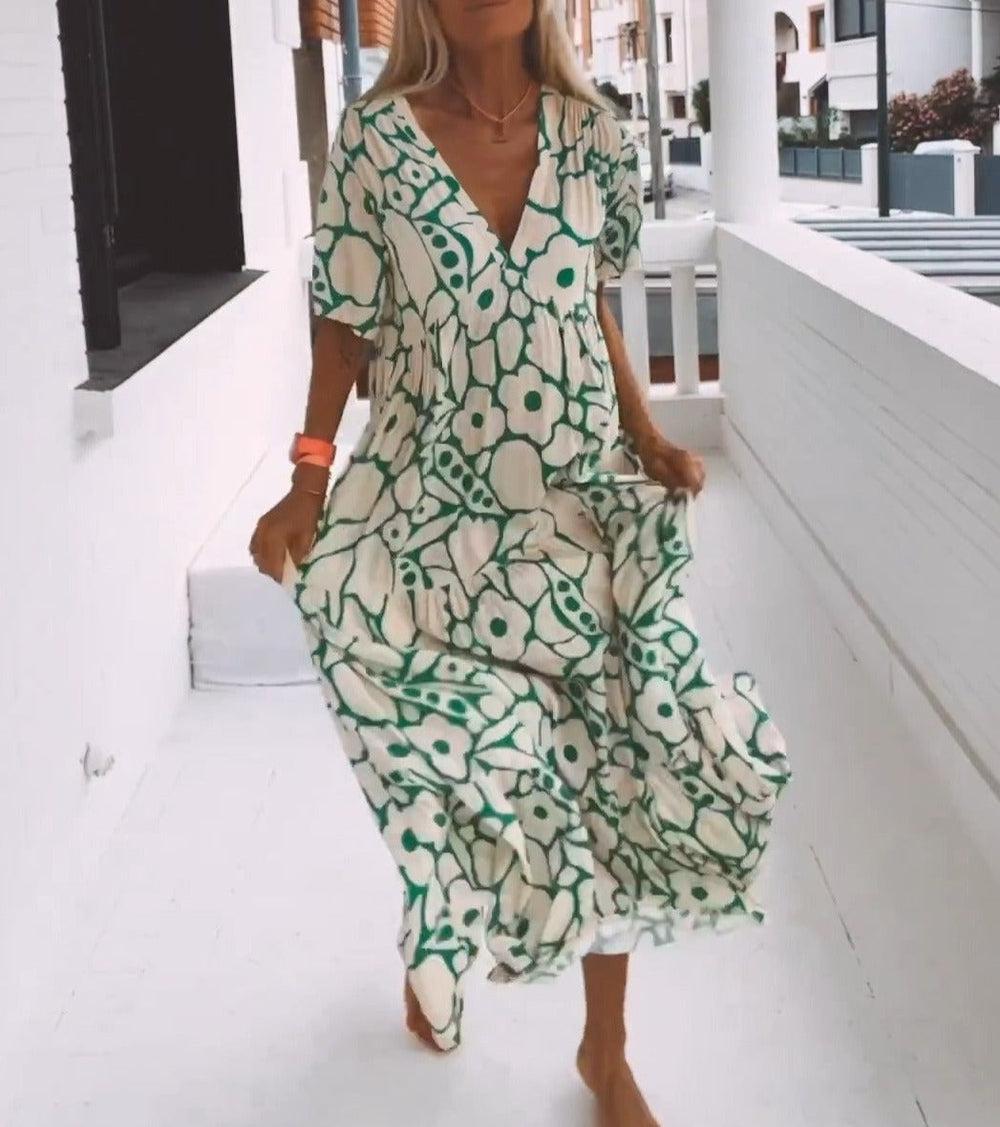 Angela – Women's Green Maxi Dress with Short Sleeves