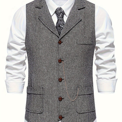 Men's Classic Herringbone Suit Vest with Lapel – Formal Business Waistcoat