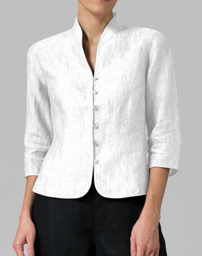 Women's Elegant Stand Collar Chambray Blouse for Office and Everyday Wear