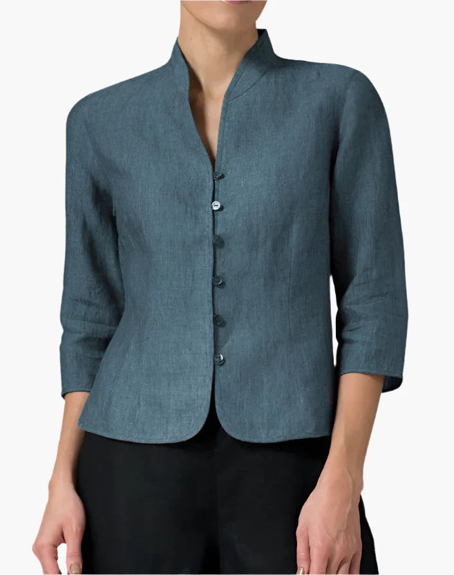Women's Elegant Stand Collar Chambray Blouse for Office and Everyday Wear