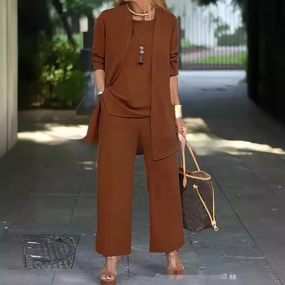 Julia – Premium Vegan Leather Split Round Neck Sleeveless Vest Top with Long Sleeve Cardigan and Wide Leg Pants Suit