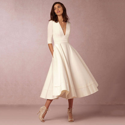 Women's Elegant V-Neck Midi Princess Dress with Sleeves for Special Occasions