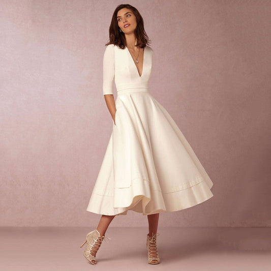 Women's Elegant V-Neck Midi Princess Dress with Sleeves for Special Occasions