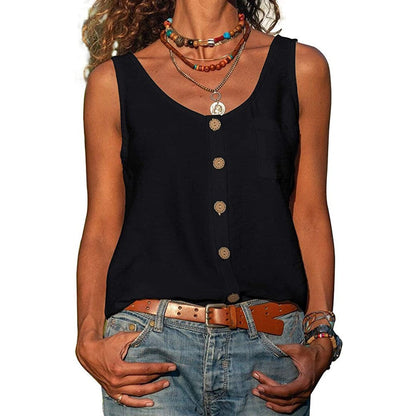 Lily – Women's Solid Color V Neck Button Sleeveless Pocket Vest Top