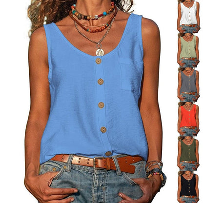 Lily – Women's Solid Color V Neck Button Sleeveless Pocket Vest Top