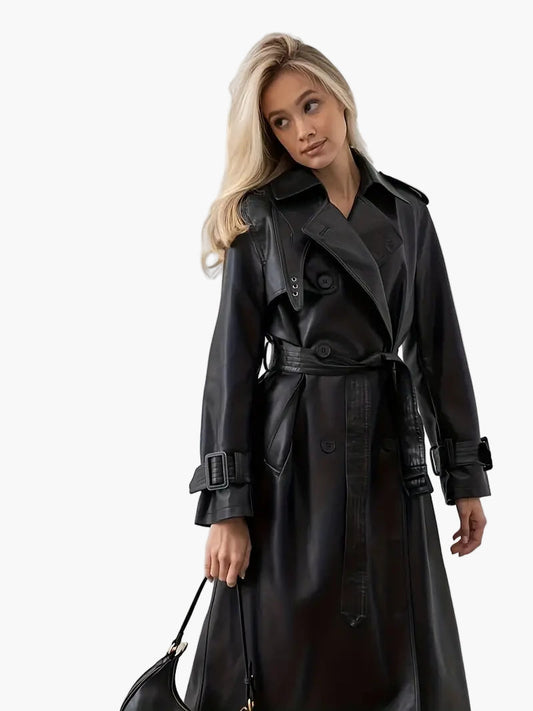Women's Long Trench Coat - Double-Breasted Belted Elegant Overcoat