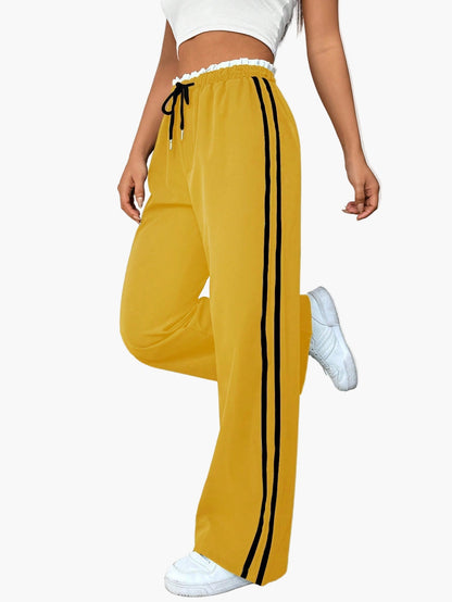 Women's Sporty Wide-Leg Track Pants with Double Side Stripes, Casual Streetwear
