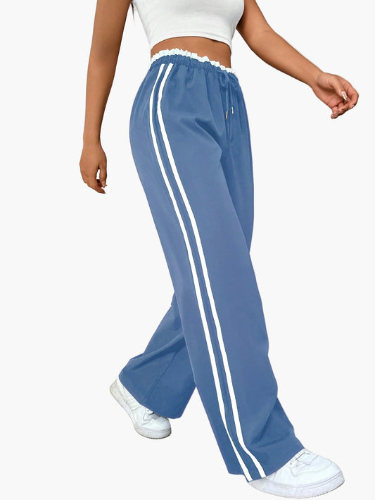Women's Sporty Wide-Leg Track Pants with Double Side Stripes, Casual Streetwear