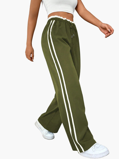 Women's Sporty Wide-Leg Track Pants with Double Side Stripes, Casual Streetwear