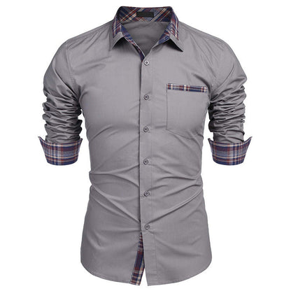 Men's Slim Fit Plaid Detail Dress Shirt, Casual Business Long Sleeve Button-Up
