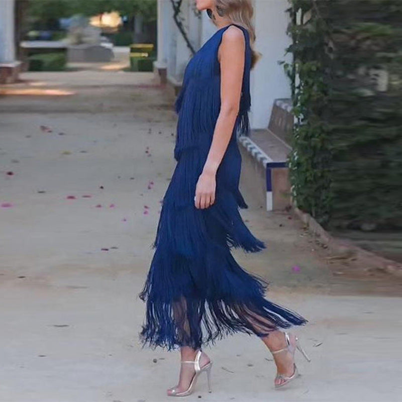 Andrea – Layered Fringe Design Dress with Diagonal Collar