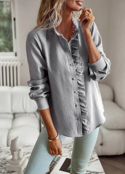 Women's Ruffled Button-Up Casual Blouse – Elegant Versatile Office & Everyday Style