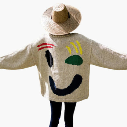 Women's Playful Face Knit Sweater – Relaxed Fit Artistic Jumper for Casual Comfort