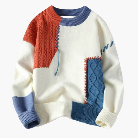 Men's Modern Patchwork Knit Sweater Casual Crewneck Pullover Stylish Autumn Winter Wear