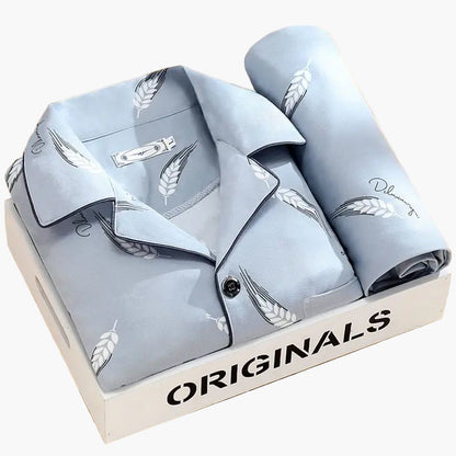 Men's Classic Feather Print Pajama Set – Long Sleeve Button Down Loungewear