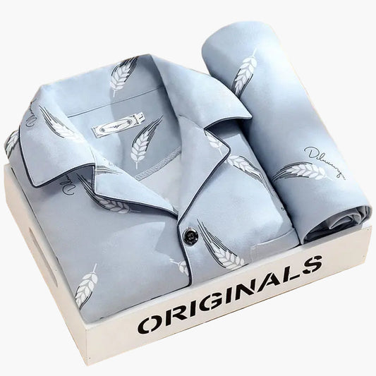 Men's Classic Feather Print Pajama Set – Long Sleeve Button Down Loungewear