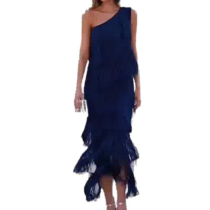Andrea – Layered Fringe Design Dress with Diagonal Collar