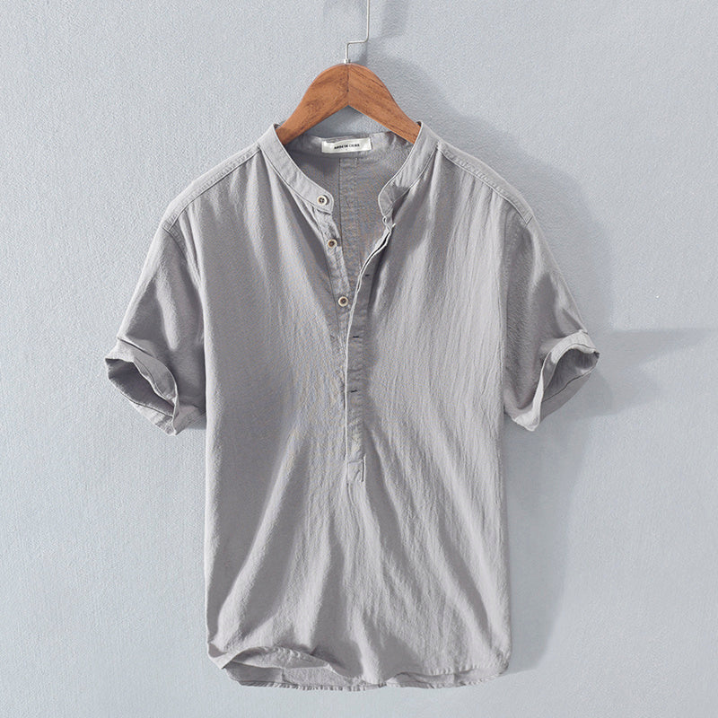 Malcolm – Men's Stand Collar Japanese Ice Silk Linen Short Sleeve T-shirt