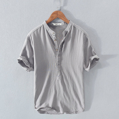 Malcolm – Men's Stand Collar Japanese Ice Silk Linen Short Sleeve T-shirt