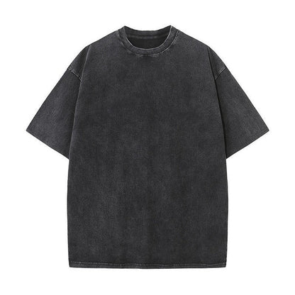 Katy – Pure Cotton Distressed T-shirt with Retro Round Neck and Short Sleeves