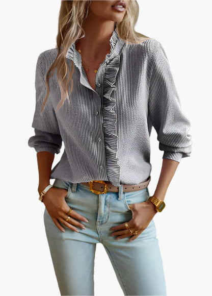 Women's Ruffled Button-Up Casual Blouse – Elegant Versatile Office & Everyday Style