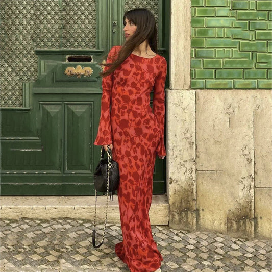 Kathleen – Long Chiffon Dress with Long Sleeves and Fitted Waist