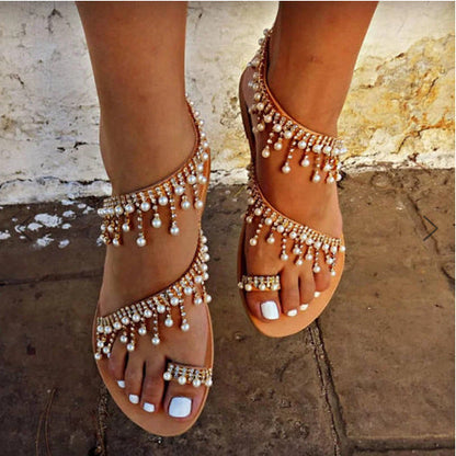 Ruth – Comfortable Flat Pearl String Bead Slippers