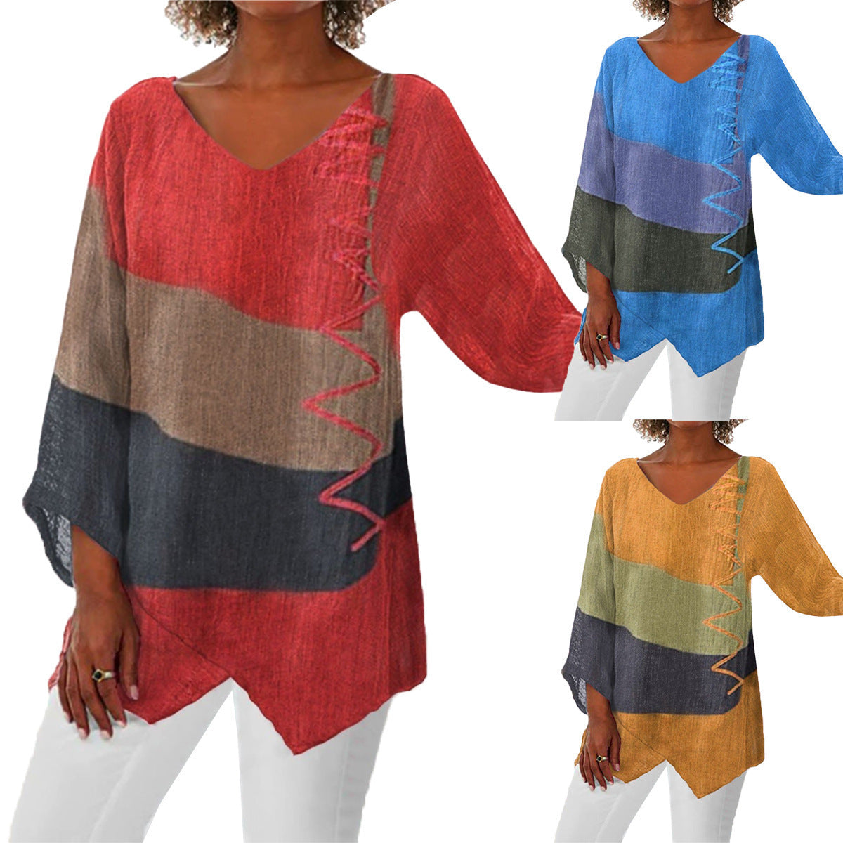 Alice – Casual Loose V-neck Irregular Hem Art Print Long Sleeve Retro Top