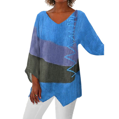 Alice – Casual Loose V-neck Irregular Hem Art Print Long Sleeve Retro Top
