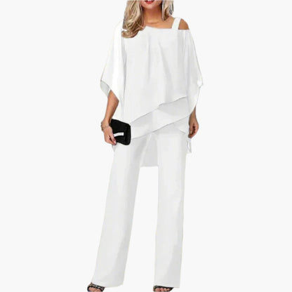 Women's Elegant Chiffon Two-Piece Set – Off-Shoulder Top and Wide-Leg Pants for Special Occasions