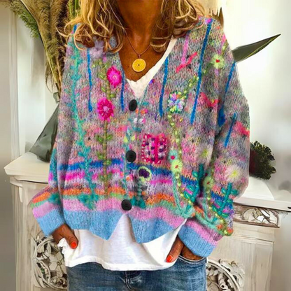 Women's Artistic Boho Knit Cardigan Sweater – Casual Statement Layer for Winter and Fall