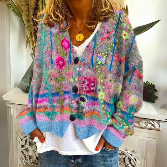 Women's Artistic Boho Knit Cardigan Sweater – Casual Statement Layer for Winter and Fall