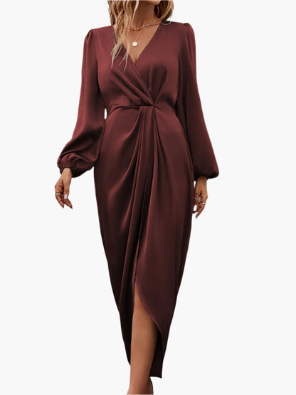 Women's Elegant Formal Wrap Surplice Neckline Ruched Midi Dress