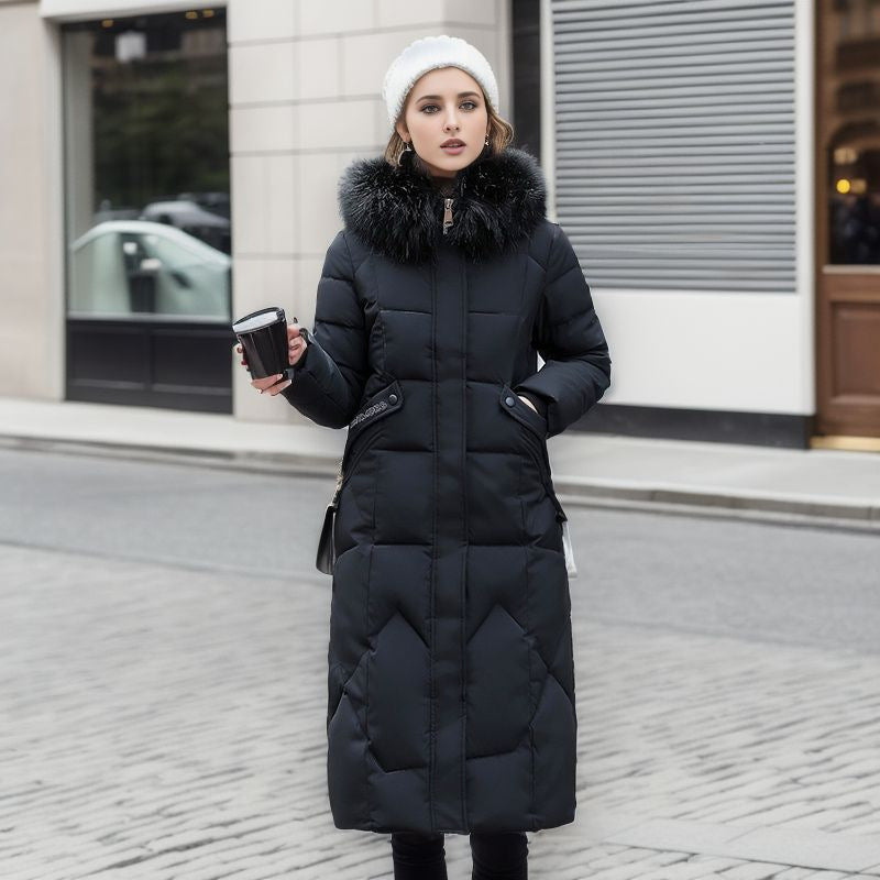 Amanda – Over The Knee Quilted Jacket with Large Fur Collar
