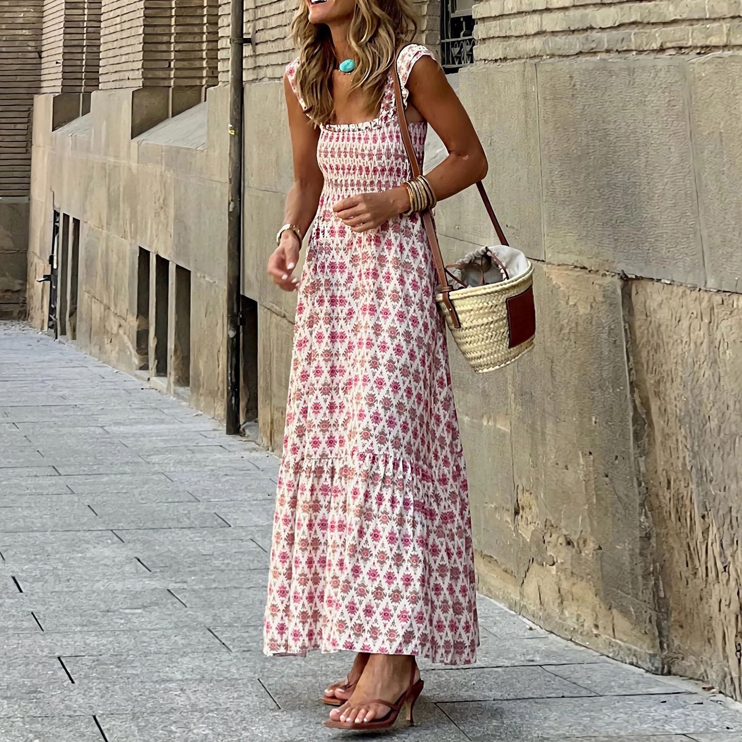 Helen – Elegant Floral Print French Strap Summer Dress