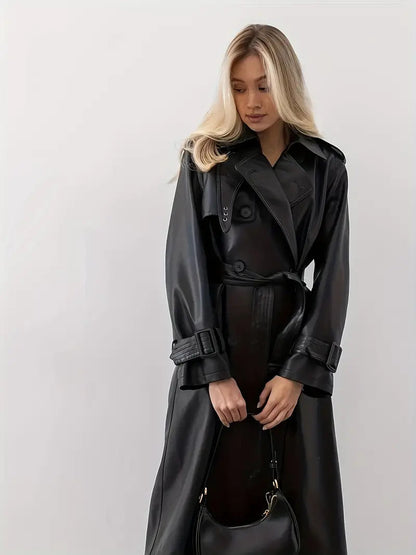 Women's Long Trench Coat - Double-Breasted Belted Elegant Overcoat