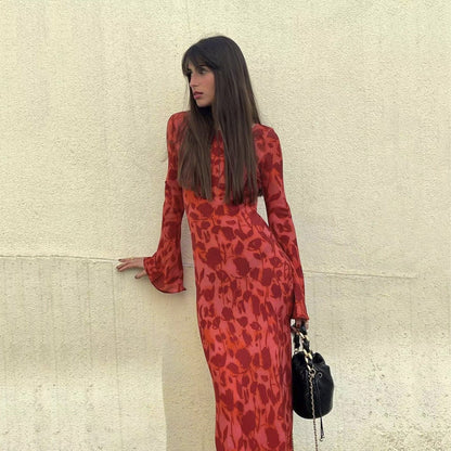 Kathleen – Long Chiffon Dress with Long Sleeves and Fitted Waist