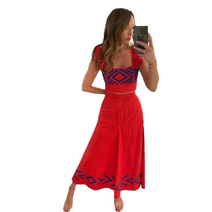 Dawn – High-Waisted Suspended Dress with Flutter Sleeves and Geometric Print