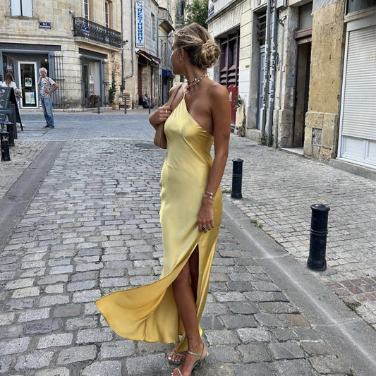 Jacqueline – Premium Yellow Satin Dress