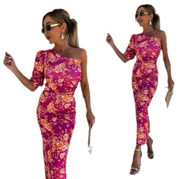 Esme – Asymmetrical Printed Dress with Pleats