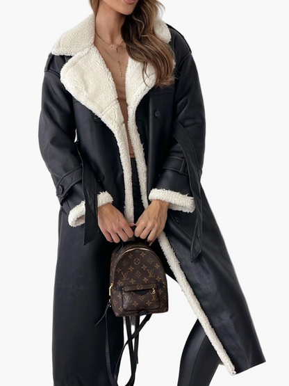 Women's Elegant Long Teddy Collar Coat – Classic Double-Breasted Winter Outerwear