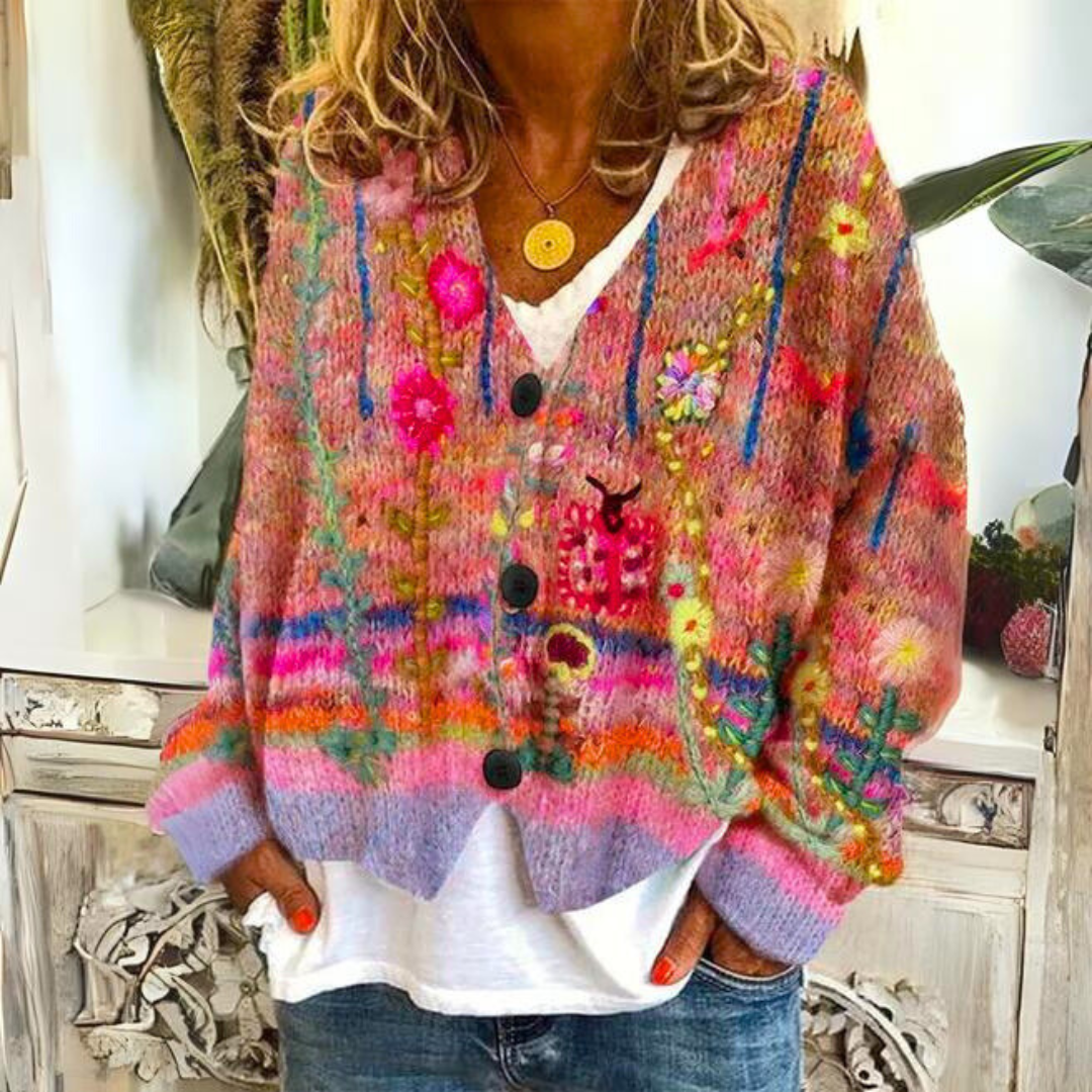 Women's Artistic Boho Knit Cardigan Sweater – Casual Statement Layer for Winter and Fall