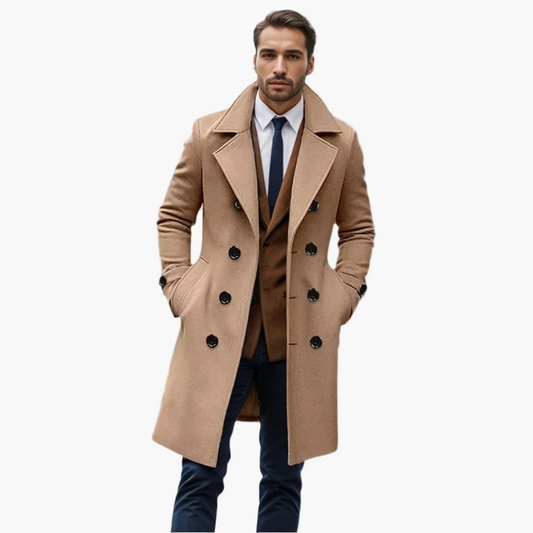 Men's Italian Style Double-Breasted Long Coat – Modern Formal Overcoat