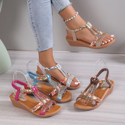 Melanie – Casual Wedges Sandals with Rhinestone Summer Plus-size Peep-toe Roman Shoes
