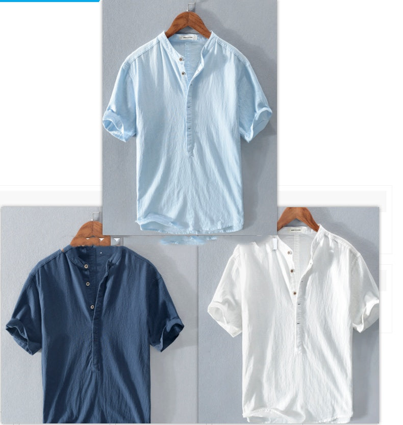 Malcolm – Men's Stand Collar Japanese Ice Silk Linen Short Sleeve T-shirt