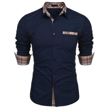Men's Slim Fit Plaid Detail Dress Shirt, Casual Business Long Sleeve Button-Up