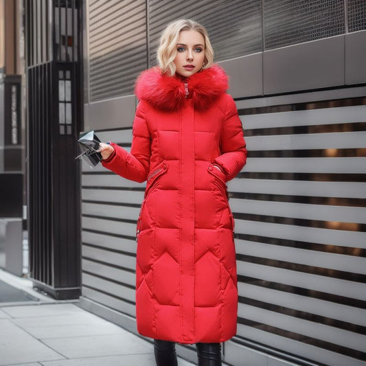 Amanda – Over The Knee Quilted Jacket with Large Fur Collar